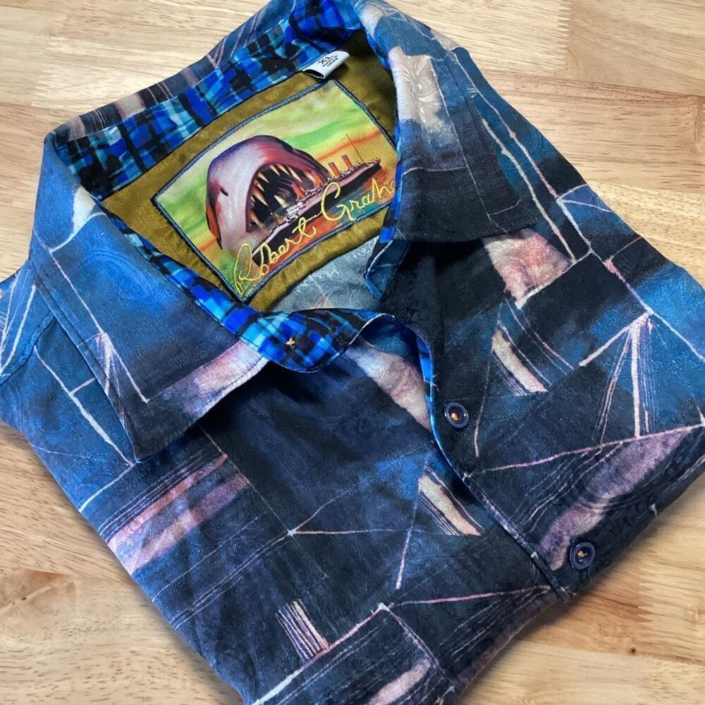 Men’s Robert Graham Short Sleeved Silk Blend Button Front Shirt - Xl